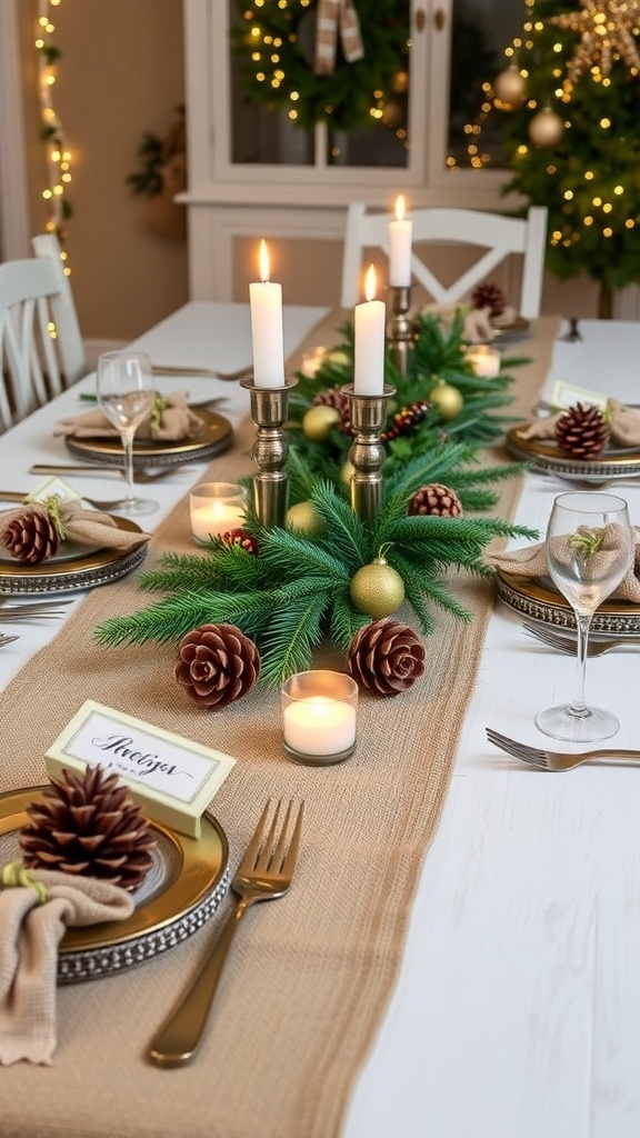 A festive Christmas table setting with DIY decorations including pinecones, candles, and personalized place cards.